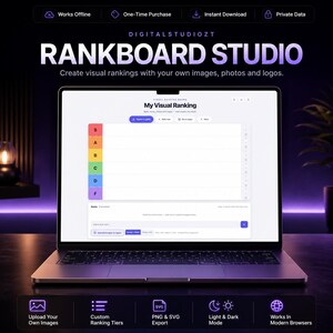 Visual Tier List Maker, Image Ranking Board, Offline HTML App, Customizable Drag-and-Drop Tool, PNG & SVG Export, Instant Digital Downloads