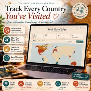 Może przedstawiać: Laptop wyświetla Sam's Travel Map, interaktywną cyfrową mapę świata z kolorowymi regionami. Ekran pokazuje statystyki podróży, listę życzeń i mapę świata. Tekst zawiera 'Track Every Country You've Visited' oraz 'Offline, Private, No Subscription'.