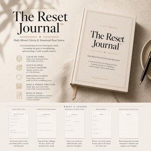 May include: A cream-colored journal titled "The Reset Journal" with gold lettering. The journal is open, revealing lined pages. Text on the cover describes the journal as a daily mental clarity and emotional reset system.