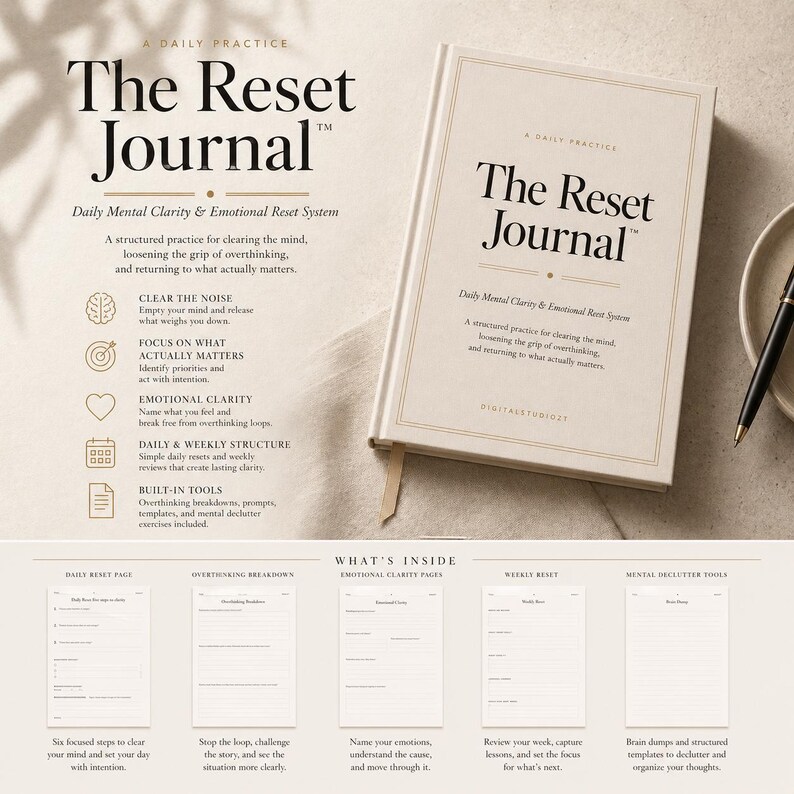 May include: A cream-colored journal titled "The Reset Journal" with gold lettering. The journal is open, revealing lined pages. Text on the cover describes the journal as a daily mental clarity and emotional reset system.