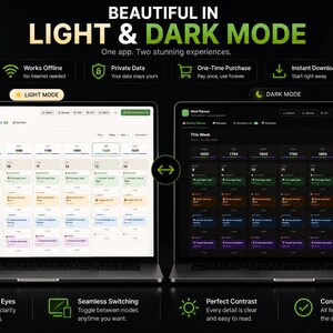 May include: A digital meal planner app interface displayed on two laptops, showing light mode on the left and dark mode on the right. The screen features a weekly calendar grid with color-coded meal entries, navigation tabs, and text labels including Beautiful in Light & Dark Mode, Works Offline, Private Data, One-Time Purchase, and Instant Download.
