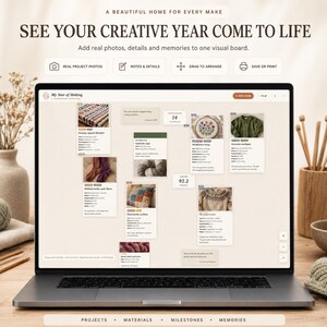 Może przedstawiać: Ekran laptopa wyświetlający cyfrową tablicę do planowania projektów zatytułowaną My Year of Making. Interfejs zawiera różne karty ze zdjęciami ręcznie robionych przedmiotów, notatkami tekstowymi, datami i szczegółami projektu.