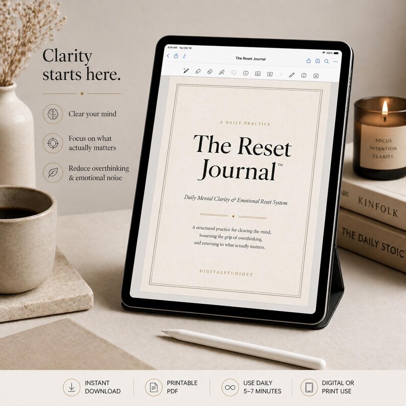 May include: A digital tablet displaying "The Reset Journal" with text about mental clarity and emotional reset. The image includes a candle, books, a pen, and a coffee cup, suggesting a focus on mindfulness and self-care.