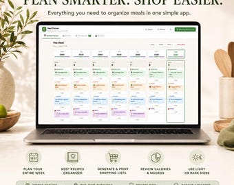 Weekly Meal Planner App, Recipe Organizer, Printable Grocery List Generator, Nutrition & Macro Tracker, Offline HTML Digital Planner