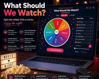 Movie Night Wheel HTML Picker | Offline Random Movie Decision Spinner for What to Watch, Date Night, Family Night & Watchlist Choices | App