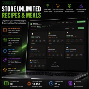 May include: A laptop displaying a digital meal planner interface with a dark mode theme. The screen shows recipe cards for dishes like Avocado Toast, Greek Chicken Bowl, and Pasta Bolognese, including nutrition details, prep time, and ingredient counts.