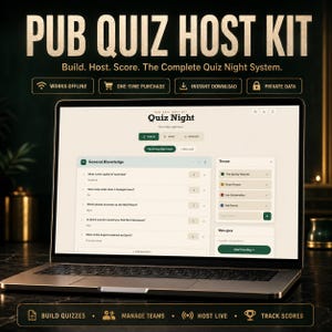 Puede incluir: Un ordenador portátil que muestra una interfaz digital de kit de anfitrión de pub quiz con secciones para crear cuestionarios, gestionar equipos y seguir puntuaciones. La pantalla muestra un quiz de cultura general. Texto: PUB QUIZ HOST KIT.