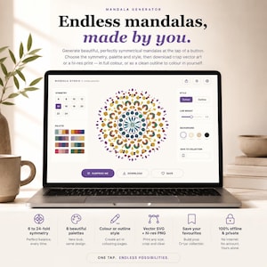 Mandala Generator, Printable Mandala Maker, Coloring Page Creator, SVG Mandala Art, Hi-Res PNG, Offline App, No Subscription, Printable Tool