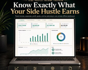 Side Hustle Income Tracker, Freelance Income & Expense Dashboard, Small Business Profit Tracker, Offline App, Tax Planner, CSV Export Tool
