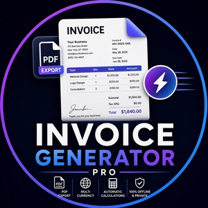 May include: An Invoice Generator Pro software interface featuring a digital invoice document with line items, a PDF export icon, and a lightning bolt graphic. The text includes Invoice, PDF Export, and Invoice Generator Pro with feature icons.