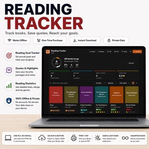 Może przedstawiać: Laptop wyświetlający interfejs oprogramowania Reading Tracker z ciemnym motywem. Ekran pokazuje postępy w czytaniu, cele i statystyki. Tekst zawiera Reading Tracker, Track books. Save quotes. Reach your goals oraz tytuły książek, takie jak Dune i Sapiens. Ikony przedstawiają funkcje, takie jak dostęp offline.