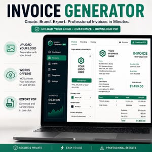 May include: A laptop screen displaying the Invoice Generator Pro software interface with a dark green and white colour scheme. The screen shows a dashboard with invoice creation tools, logo upload options, and a sample invoice template with text.