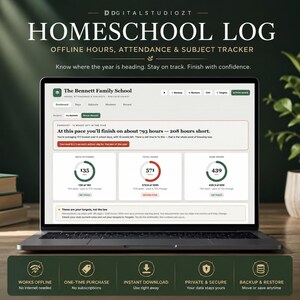 May include: A laptop screen displaying a digital homeschool log dashboard titled The Bennett Family School. The interface shows attendance, total hours, and core hours trackers with circular progress charts, plus text fields for student names and data.