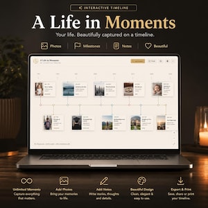 May include: A laptop screen displays an interactive timeline titled A Life in Moments, featuring a chronological sequence of photos, milestones, and notes. The interface includes icons for photos, milestones, notes, and hearts, with text options to add moments, export, and print.