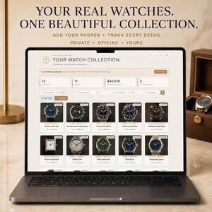 May include: A laptop screen displaying a digital watch collection management interface titled YOUR WATCH COLLECTION. The dashboard shows statistics, a search bar, and a grid of ten watch entries with images, brand names, and model descriptions.