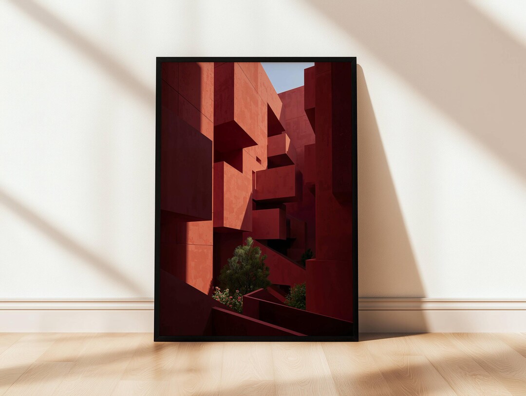 Red Minimalist Architecture Wall Art Print, Abstract Geometric Building ...