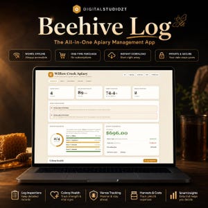 Puede incluir: Una pantalla de portátil muestra la interfaz de la aplicación de gestión de colmenares Beehive Log, con un panel de control que incluye salud de las colonias, rendimiento de miel en kg y datos financieros de la actividad apícola.