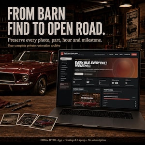 May include: A laptop displaying the Every Mile, Every Bolt software interface, featuring a dashboard for vehicle restoration tracking. The screen shows project progress, while three printed photographs of a red car sit on a wooden desk nearby.