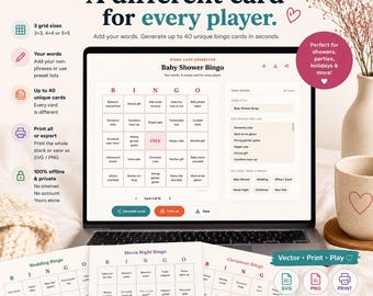Bingo Card Generator, Printable Bingo Maker, Custom Bingo Cards, Baby Shower Game, Wedding Bingo, Classroom Activity, HTML App, Custom bingo