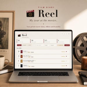 May include: A laptop displaying the Film Diary Reel software interface, featuring a dashboard with movie statistics, a list of films watched in June 2026, including Parasite, Dune: Part Two, The Grand Budapest Hotel, and Whiplash with star ratings.