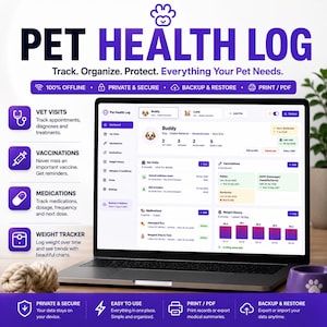 May include: A digital pet health log software interface displayed on a laptop screen. The dashboard features sections for vet visits, vaccinations, medications, and weight history, with icons and text detailing pet care management features.
