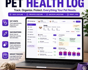 Pet Health Log App | Vet Visits Vaccines Medications Weight Tracker | Offline HTML Pet Care Tool | Dog Cat Records | Offline Pet App Vet Log