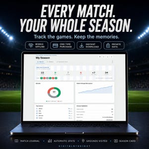 May include: A laptop screen displays a sports tracking dashboard titled My Season, featuring match statistics, a results donut chart, and a points graph. Text above reads EVERY MATCH. YOUR WHOLE SEASON. Track the games. Keep the memories.