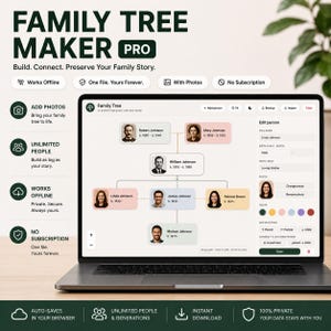 May include: A laptop displaying the Family Tree Maker Pro software interface, featuring a digital genealogy chart with portraits, names, and dates. The screen shows editing tools for adding photos, unlimited people, and offline functionality for family history.