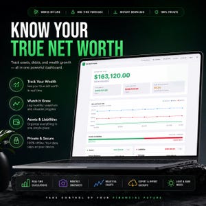 Peut inclure: Un ordinateur portable affichant un tableau de bord de suivi de valeur nette avec des données financières, des graphiques et le texte "KNOW YOUR TRUE NET WORTH", "Track Your Wealth", "Watch It Grow", "Assets & Liabilities" et "Private & Secure".