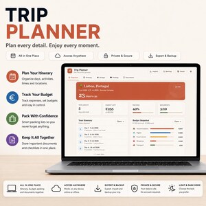 May include: A laptop displaying a digital trip planner interface with sections for itinerary, budget, packing, and documents. The screen shows a trip to Lisbon, Portugal, with various icons and text labels detailing travel organisation features.
