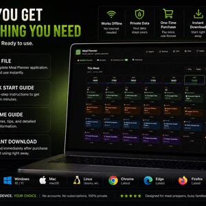 May include: A digital meal planner application displayed on a laptop screen, featuring a weekly calendar interface with color-coded meal entries. The graphic includes text detailing file formats, compatibility with major operating systems, and usage benefits.
