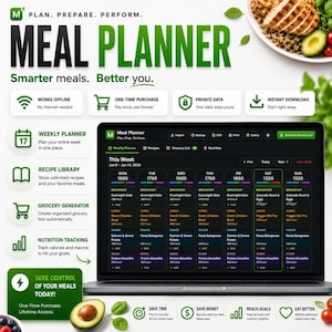 May include: A digital meal planner interface displayed on a laptop screen, featuring a weekly schedule with daily calorie counts, meal categories, and recipe entries. The layout includes icons for a recipe library, grocery generator, and nutrition tracking.