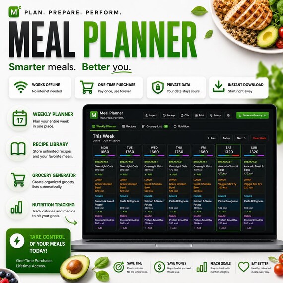 Meal Planner App + Grocery List Generator | Weekly Meal Plan | Nutrition Tracker | Offline HTML Tool | No Subscription | Instant Download