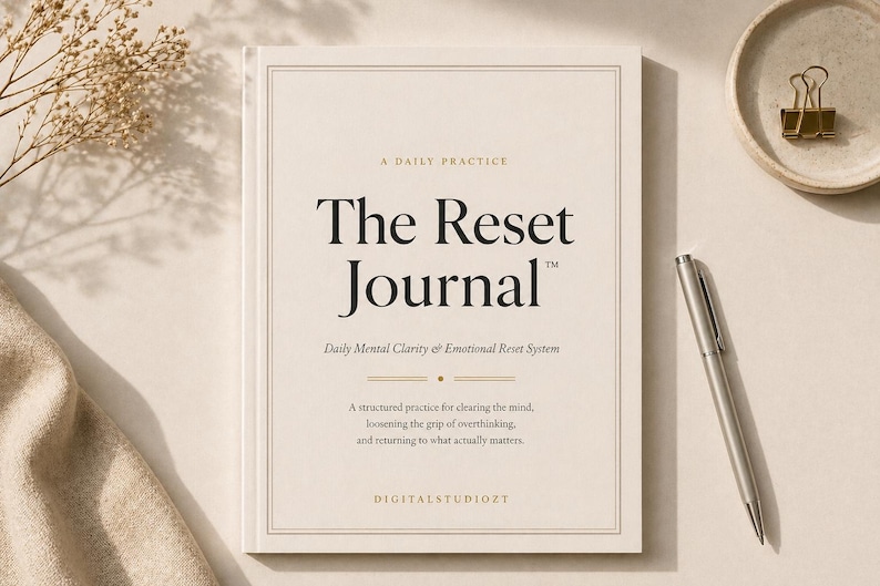 May include: A cream-colored journal titled "The Reset Journal" with the text "Daily Mental Clarity & Emotional Reset System." A silver pen, a small dish with a gold paper clip, and dried flowers are also present.