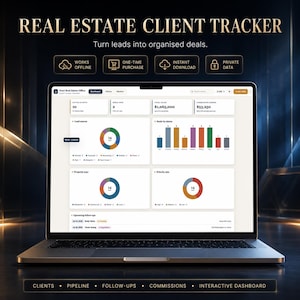 May include: A laptop screen displaying a Real Estate Client Tracker dashboard with data visualizations including pie charts and bar graphs. The interface shows metrics like active clients, deals won, total sales, and commission earned with text labels.