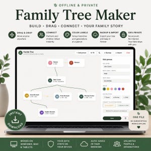 Może przedstawiać: Ekran laptopa z interfejsem oprogramowania Family Tree Maker. Na ekranie widoczny jest cyfrowy schemat drzewa genealogicznego z okrągłymi ikonami profili, imionami i datami oraz pasek boczny służący do edycji danych osób.