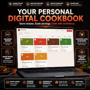 Puede incluir: Un ordenador portátil que muestra una interfaz de libro de cocina digital con tarjetas de recetas para tostadas de aguacate, sopa de tomate, brownies, ensalada, curry de pollo y tortitas. La pantalla incluye el texto YOUR PERSONAL DIGITAL COOKBOOK.