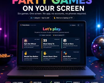 Party Games on Your Screen, 6 Games in One File, No App, No Account, Game Night, House Party, Digital Download, Works Offline, Family Game