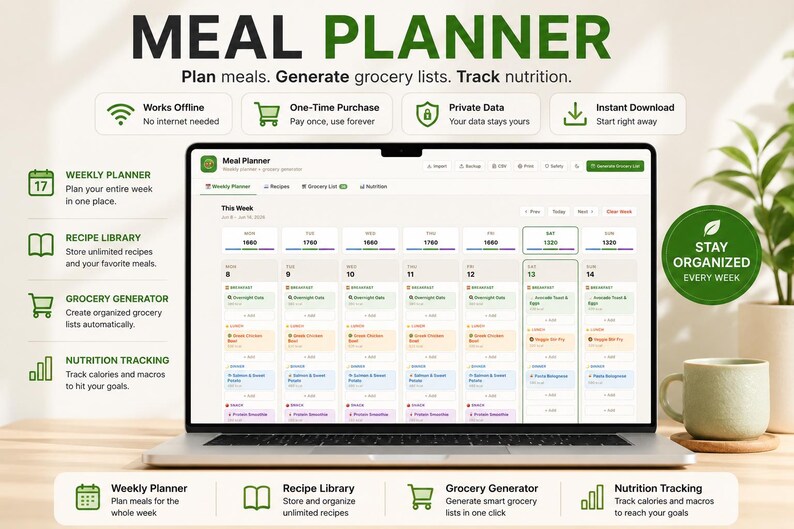 May include: A laptop displaying a digital meal planner interface with a weekly calendar view, calorie tracking, and recipe organization. The screen shows text including MEAL PLANNER, Plan meals, Generate grocery lists, Track nutrition, and STAY ORGANIZED EVERY WEEK, alongside icons for weekly planning, recipe libraries, and grocery generation.
