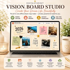 デジタルビジョンボード作成アプリ、写真、付箋、ステッカー、フリーフォームキャンバス、オフラインプライバシー、JPGエクスポート機能を備えた印刷可能なドリームマップ