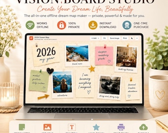 Digital Vision Board Maker App Printable Dream Map with Photos, Sticky Notes, Stickers, Freeform Canvas, Offline Privacy and JPG Export