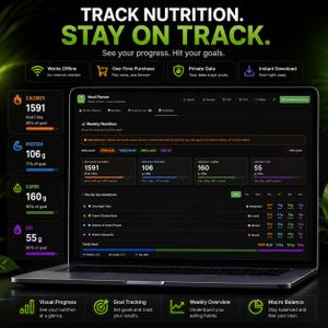 May include: A laptop displaying a digital meal planner interface with dark mode. The screen shows nutrition tracking data including calories, protein, carbs, and fat. Text reads: TRACK NUTRITION. STAY ON TRACK. See your progress. Hit your goals.