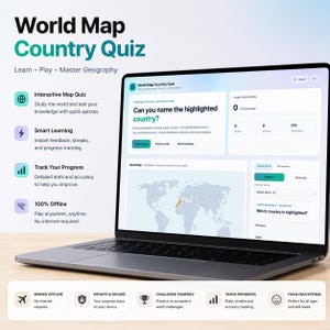 Världskarta Land Quiz HTML-spel, Offline Geografi Lärande App för Barn, Hemundervisning, Länder & Kartövning, Geografi Quiz, Kartspel