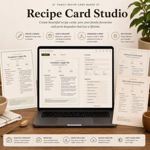 May include: A laptop displaying the Recipe Card Studio interface for creating recipe cards, surrounded by printed recipe cards for Grandma's Apple Pie, Nonna's Sunday Ragu, and Best-Ever Banana Bread, featuring a clean, beige-toned digital design.