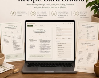 Recipe Card Maker, Family Recipe Card Template, Printable Recipe Keepsake, Editable Recipe Cards, SVG PNG, Offline HTML App, Recipe Book