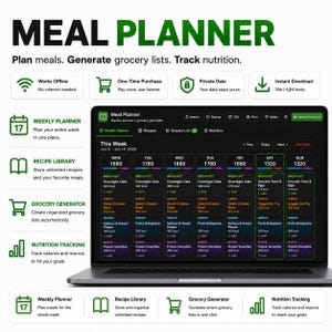 May include: A digital meal planner software interface displayed on a laptop screen. The dashboard features a weekly calendar view with daily calorie counts, meal entries for breakfast, lunch, dinner, and snacks, plus grocery list and recipe tools.