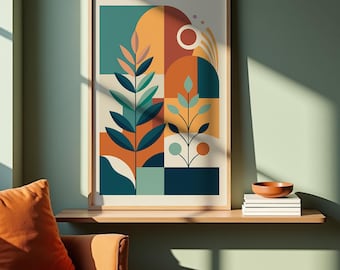 Abstraktes Botanisches Poster: Orange & Türkis Mid-Century Modern Geometrische Wand Kunst (Digitaler Download) | 1020