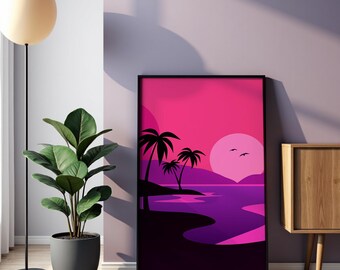 Impression géométrique abstraite de coucher de soleil Vaporwave : Art mural rétro Synthwave palmier (téléchargement numérique) | 1028