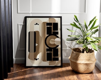 Abstract Geometric Print: Beige & Black Mid-Century Modern Art (Digital Download) | 1001