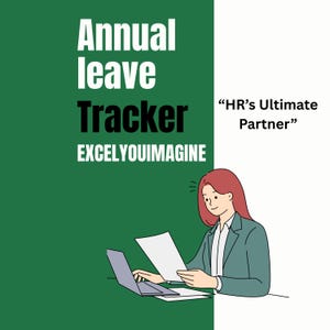 Könnte beinhalten: Illustration einer Frau mit roten Haaren, die einen grünen Blazer trägt, an einem Laptop arbeitet und Papiere hält. Der Text links lautet "Annual leave Tracker EXCELYOUIMAGINE". Der Text rechts lautet "HR's Ultimate Partner".
